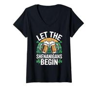 Womens Let The Shenanigans Begin Irish St Patricks Day Beer V-Neck T-Shirt