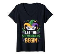 Womens Let The Shenanigans Begin Mardi Gras Party Fun Celebration V-Neck T-Shirt