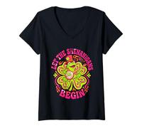 Women's Let The Shenanigans Begin Psychedelic Banjo Frog Clover V-Neck T-Shirt
