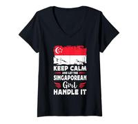 Womens Let The Singaporean Girl Handle it Singapore Flag V-Neck T-Shirt
