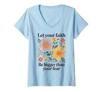 Womens Let Your Faith Be Bigger Than Fear Retro Flower Religious V-Neck T-Shirt