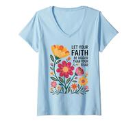 Womens Let Your Faith Be Bigger Than Fear Retro Flower Religious V-Neck T-Shirt