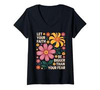 Womens Let Your Faith Be Bigger Than Fear Retro Flower Religious V-Neck T-Shirt