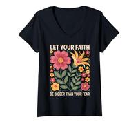 Womens Let Your Faith Be Bigger Than Fear Retro Flower Religious V-Neck T-Shirt