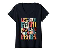 Womens Let Your Faith Be Taller Than Your Fears Retro Groovy V-Neck T-Shirt