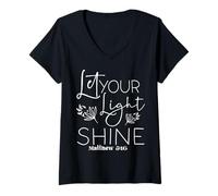 Women's Let Your Light Shine Matthew 5:16 Uplifting Floral V-Neck T-Shirt