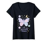 Womens Let Yourself Bloom Cottagecore Floral Moonphases Butterfly V-Neck T-Shirt