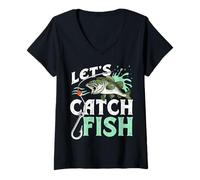 Womens Let's Catch Fish Fishing Adventures Anglers Fisher Fisherman V-Neck T-Shirt