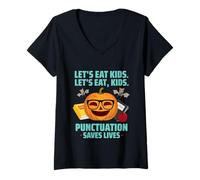 Womens Let's Eat Kids Punctuation Saves Lives Halloween Teachers V-Neck T-Shirt