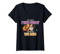Women's Let's Face It I was Crazy Way Before The Cats Funny Cat V-Neck T-Shirt