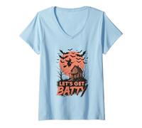 Womens Let's Get Batty Witch Moon Cottage Bats V-Neck T-Shirt