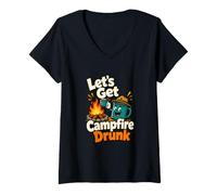 Women's Let's Get Campfire Drunk Funny Camping Humor V-Neck T-Shirt