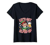 Womens Lets Get Elfed Up Funny Christmas Elf Beer Party V-Neck T-Shirt