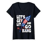 Womens Let's Get Lit And Go Bang 4th of July Fireworks Patriotic V-Neck T-Shirt
