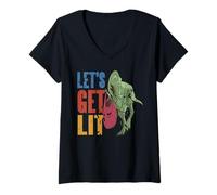 Womens Let's Get Lit Dinosaur Lights Christmas Humor V-Neck T-Shirt
