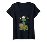 Womens Let's Get Lit Funny Alien Hanukkah Menorah Jewish UFO Jewish V-Neck T-Shirt