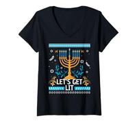 Womens Let's Get Lit Happy Hanukkah Menorah Ugly Christmas V-Neck T-Shirt