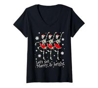 Womens Let's Get Merry & Bright Christmas Funny Dancing Skeletons V-Neck T-Shirt