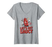 Womens Lets Get Saucy Funny Ketchup Bottle Food Pun V-Neck T-Shirt