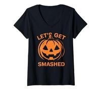 Womens Let's Get Smashed Jack O Lantern Pumpkin Halloween Funny V-Neck T-Shirt