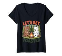 Women's Lets Get Toasted Funny Bear Campfire Lovers Marshmallow V-Neck T-Shirt