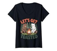 Women's Lets Get Toasted Funny Campfire Bears Friends Brown Bear V-Neck T-Shirt
