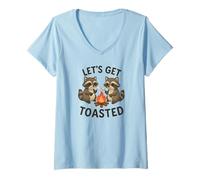 Womens Let's Get Toasted Raccoon Camping Campfire Marshmallow Pun V-Neck T-Shirt