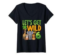 Womens Lets Get Wild Im 6 Jungle Safari Birthday Six Years Old V-Neck T-Shirt