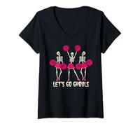 Womens Lets Go Ghouls Skeleton Cheerleader Halloween V-Neck T-Shirt