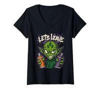 Womens Let's Leave Alien - Vintage Graffiti Alien UFO Lover V-Neck T-Shirt