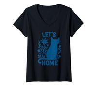 Womens Let's Stay Home Cat Wildflowers Pajama Cute Vintage V-Neck T-Shirt