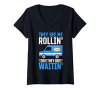 Womens Letter Carrier They See ME Rollin' Funny Postal Worker V-Neck T-Shirt