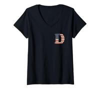 Women's Letter D First Name Monogram Initial USA American Flag Print V-Neck T-Shirt