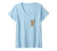 Women's Letter F First Name Monogram Initial Leopard Print V-Neck T-Shirt