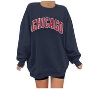 Women's Letter Graphic Print Sweatshirt Cute Chicago Oversized Pullover Crewneck Long Sleeve Tops for Teen Girl Jumpers for Women uk