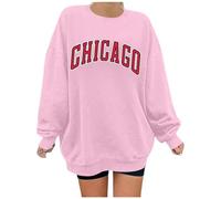 Women's Letter Graphic Print Sweatshirt Cute Chicago Oversized Pullover Crewneck Long Sleeve Tops for Teen Girl 2024 New