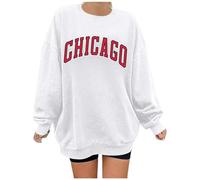 Women's Letter Graphic Print Sweatshirt Cute Chicago Oversized Pullover Crewneck Long Sleeve Tops for Teen Girl Jumpers for Women uk