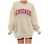 Women's Letter Graphic Print Sweatshirt Cute Chicago Oversized Pullover Crewneck Long Sleeve Tops for Teen Girl 2024 New