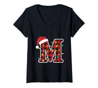 Womens Letter M Name Initial Buffalo Plaid Alphabet Monogram V-Neck T-Shirt