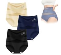 Women's Letter Print Contrast Mesh Criss Cross High Waist Briefs,Tummy Control Underwear - 3Pack Breathable Mesh Shaping Briefs with Cross-Back Design, Seamless Panty Set (XXL,3Pcs-A)