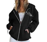 Women's Letter Print Full-Zip Hooded Sweatshirt - Casual Comfort Pullover, Drawstring Hem Hoodie Design, Relaxed Weekend Style Essential for Urban Ladies Top Black