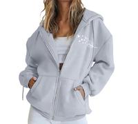 Women's Letter Print Full-Zip Hooded Sweatshirt - Casual Comfort Pullover, Drawstring Hem Hoodie Design, Relaxed Weekend Style Essential for Urban Ladies Top Grey