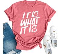 Women's Letter Print T-Shirt,It is What It is Casual Round-Neck Tops, Comfortable and Skin-Friendly Fashionable Tops, Fbt0041-pink, XXL