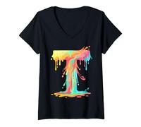 Women's Letter T Ice Drip Paint Splash Colorful Alphabet V-Neck T-Shirt