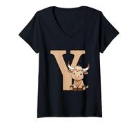 Women's Letter Y Yak Alphabet Animal V-Neck T-Shirt