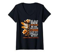 Women's Leukemia Cancer Awareness Dragonfly Warrior Brave Strong V-Neck T-Shirt