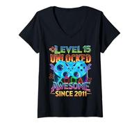 Women's Level 15 Unlocked Awesome Since 2011 15th Birthday Gaming V-Neck T-Shirt