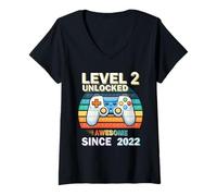 Womens Level 2 Unlocked Awesome Since 2022 Video Gamer 2th Birthday V-Neck T-Shirt