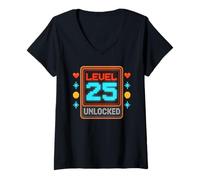 Womens Level 25 Unlocked 25th Birthday Video Games Gaming Gamer V-Neck T-Shirt