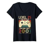 Women's Level 25 Unlocked Awesome Since 2001 25th Birthday Gaming V-Neck T-Shirt